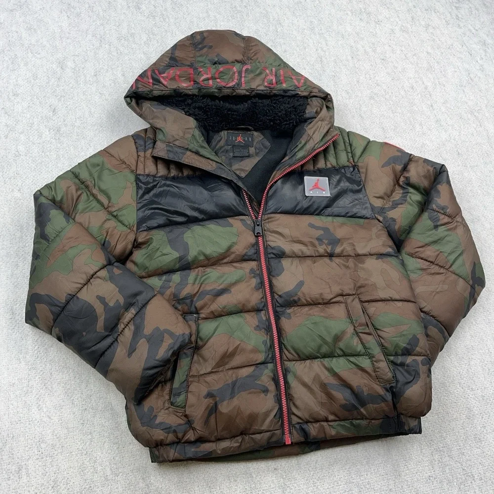 Air Jordan Puffer Jacket Boys Large Green Cano Full Zip Hooded Youth Jumpman‎ *